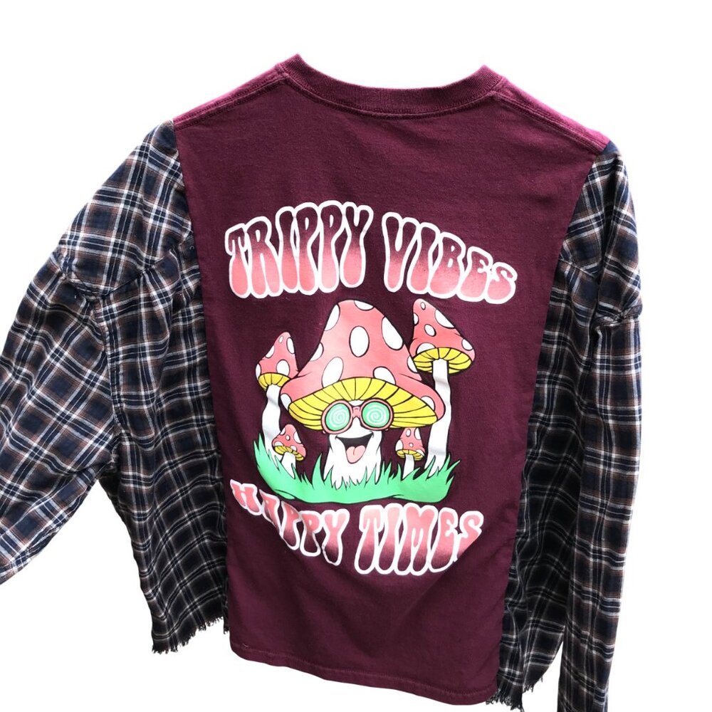 Upcycled Oversized Flannel Tee Reworked Mushroom Graphic Pullover Size L - XL